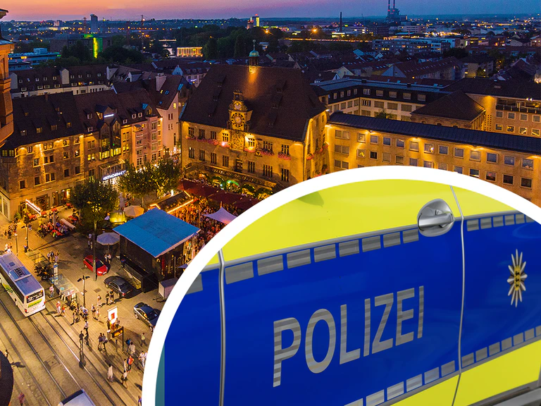Luftaufnahme des Heilbronner Weindorfs bei Nacht. In einem Kreis rechts am Bildrand die Seitenaufnahme eines Polizeiautos. — © HMG/Roland Schweizer; Martin Quast/pixelio.de; Montage: Radio Ton